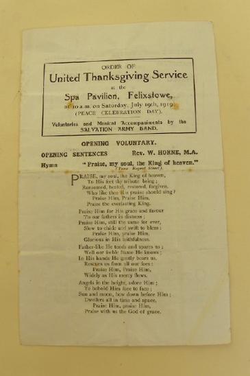 Rare Original WW1 Thanks Giving Programme Felixstowe