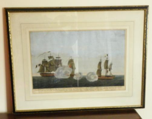 18th C Laurie & Whittle Coloured Engraving HMS Brilliant at Battle