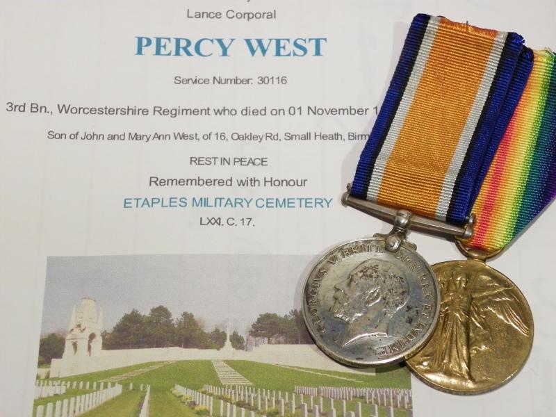 WW1 Medal Pair to P West Worcestershire Reg Casualty