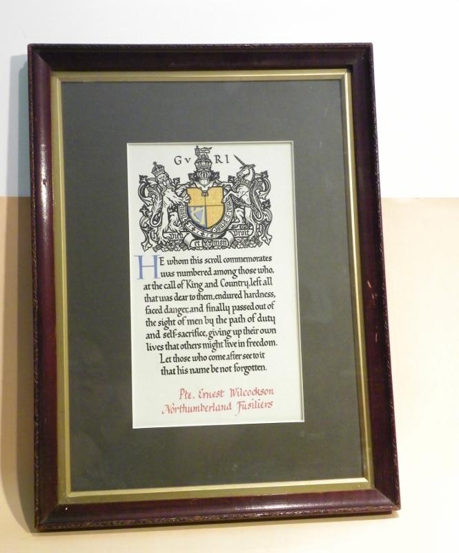 Framed WW1 Casualty Scroll – E. Wilcockson N’umberland Fus