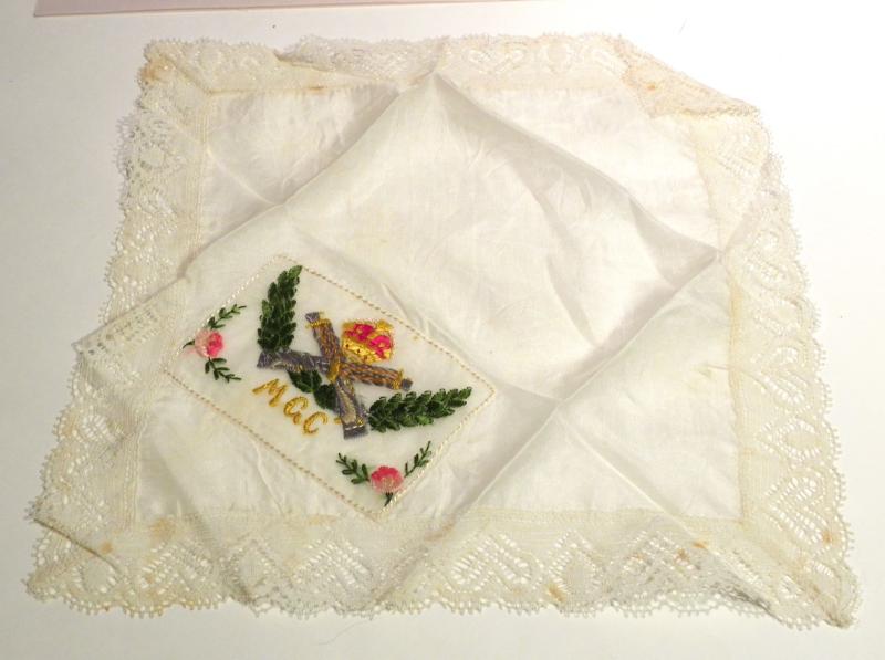 Super Delicate WW1 Era Silk Handkerchief Embroidered with Badge of the MGC