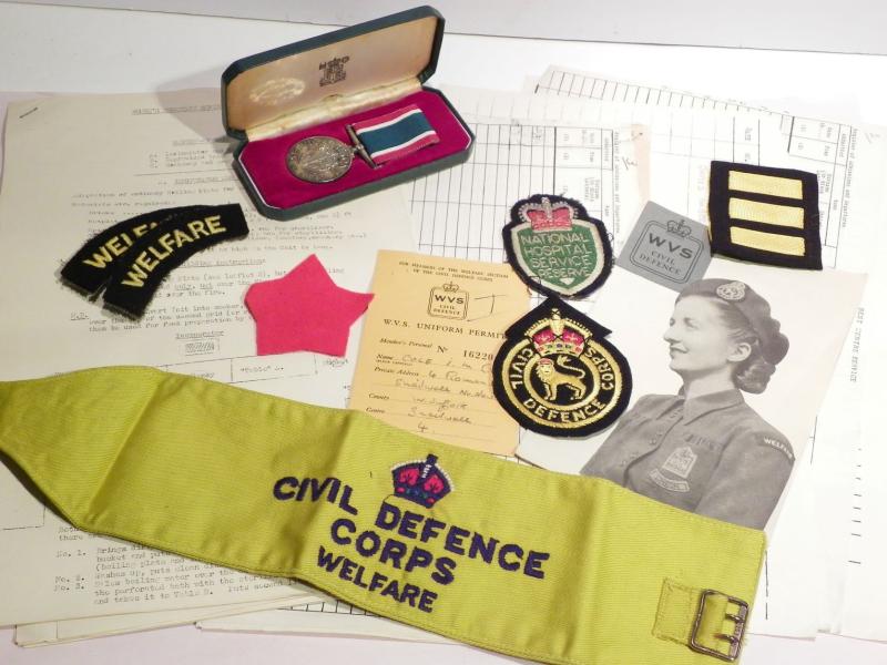 Good Collection of WW2 WVS and Civil Defence Medal, patches and Ephemera