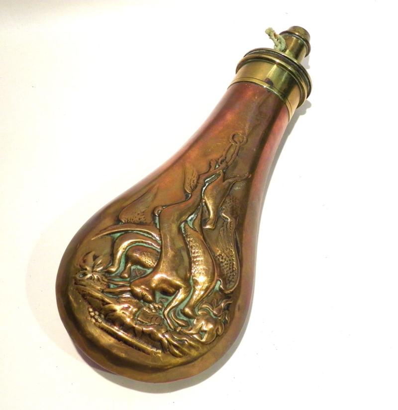 19thC Figural Copper & Brass Powder Shot Flask