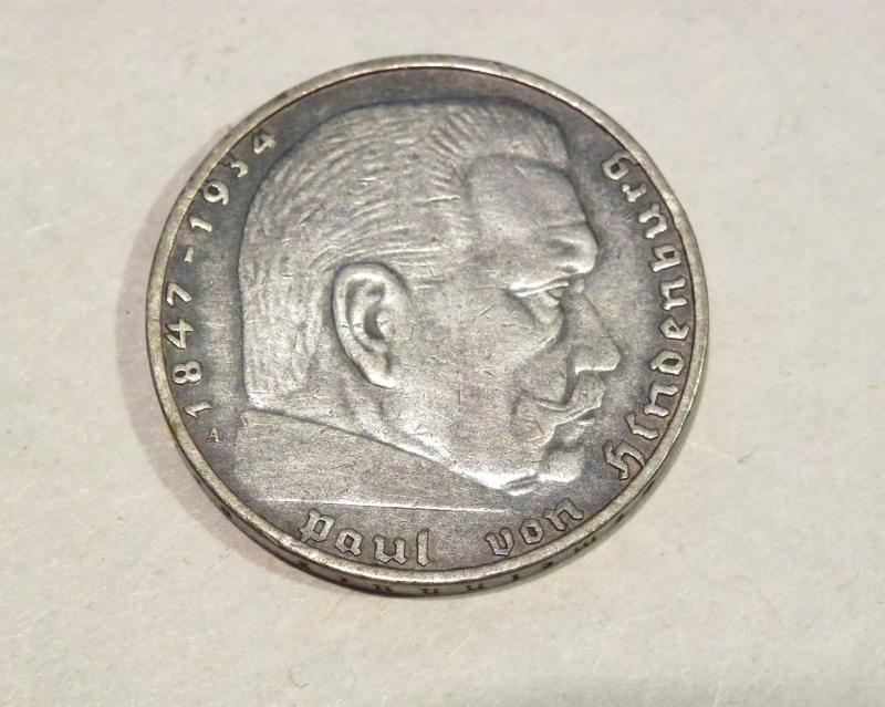 1937 German Hindenburg 2 Mark Coin