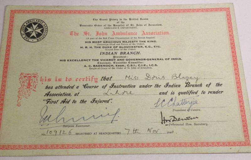 WW2 Era St John Ambulance First Aid Certificate – Lahore India 1940