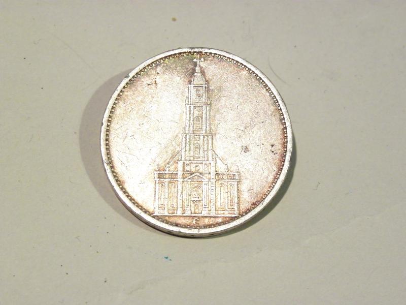 1934 German Silver Five Mark Nazi Marked Coin