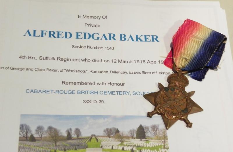 1914 Star to Baker 4th Suffolk Regiment Killed at Neuve Chapelle 1915.