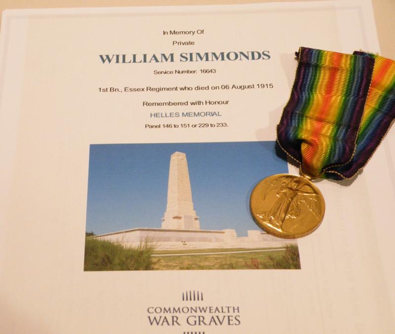 WW1 Victory Medal Simmonds Essex Reg - Killed Gallipoli.
