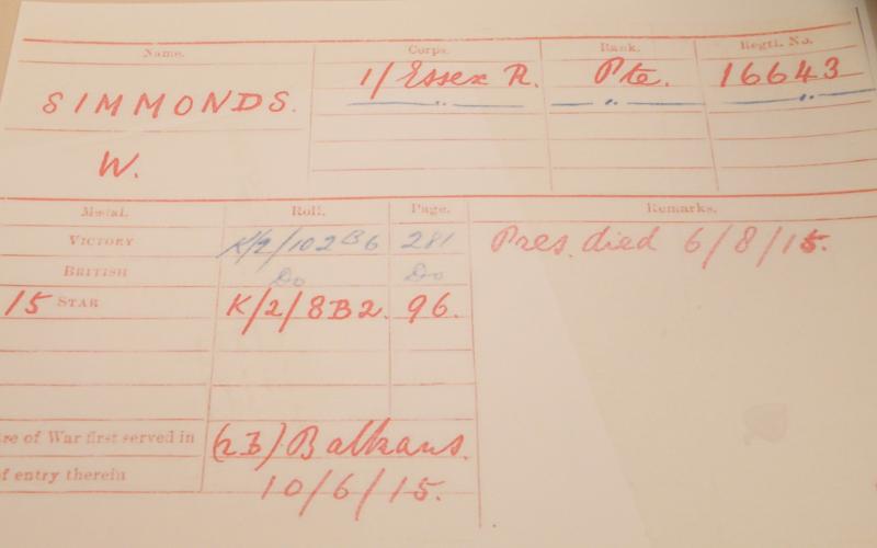 WW1 Victory Medal Simmonds Essex Reg - Killed Gallipoli.