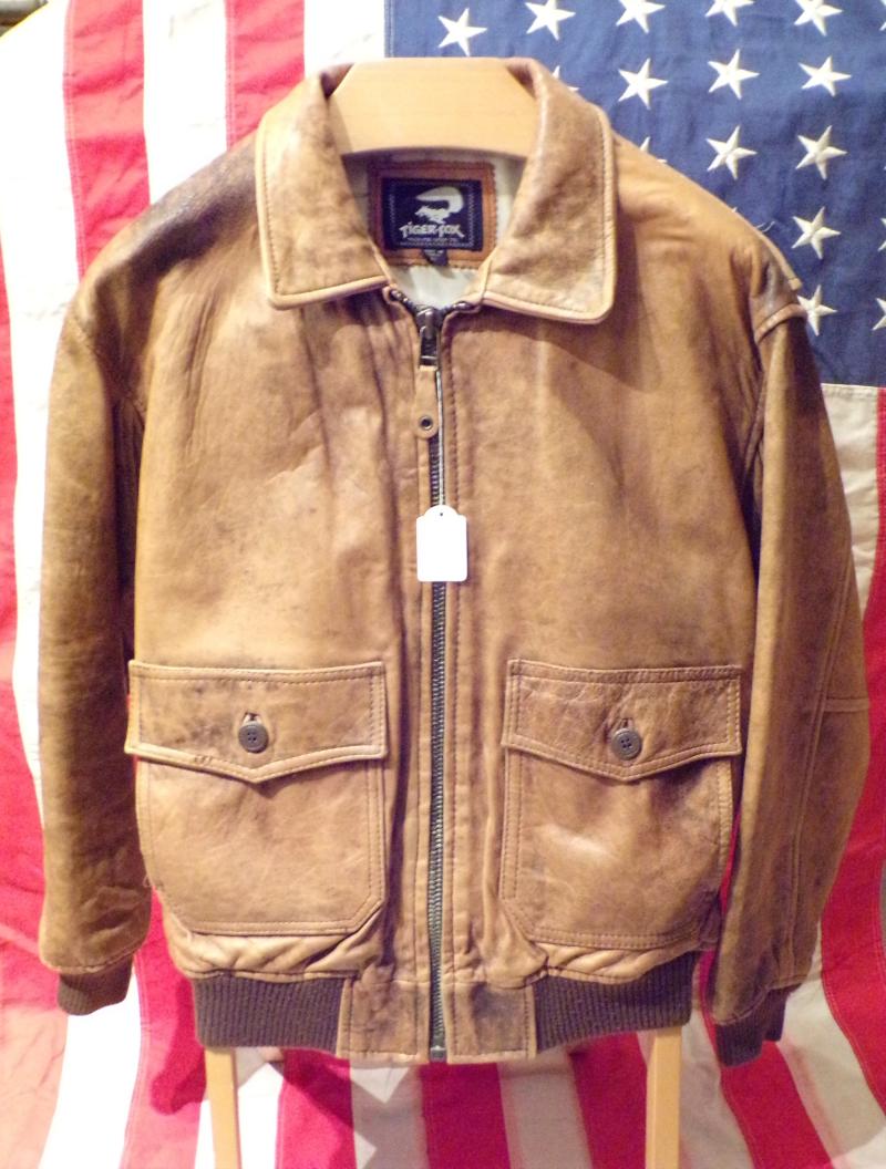 Vintage Tiger Fox Brown Leather Bomber Style Jacket with Map