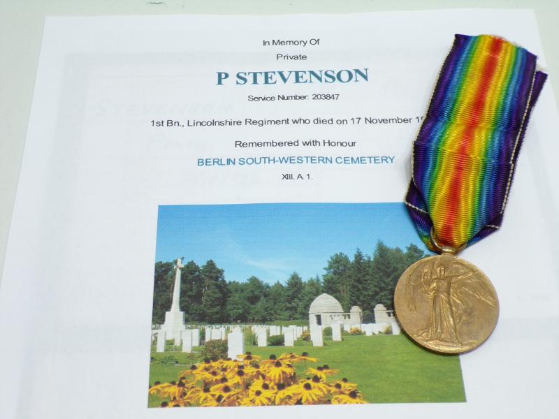 WW1 Victory Medal to Stevenson 1st Lincs – Died POW From Derby