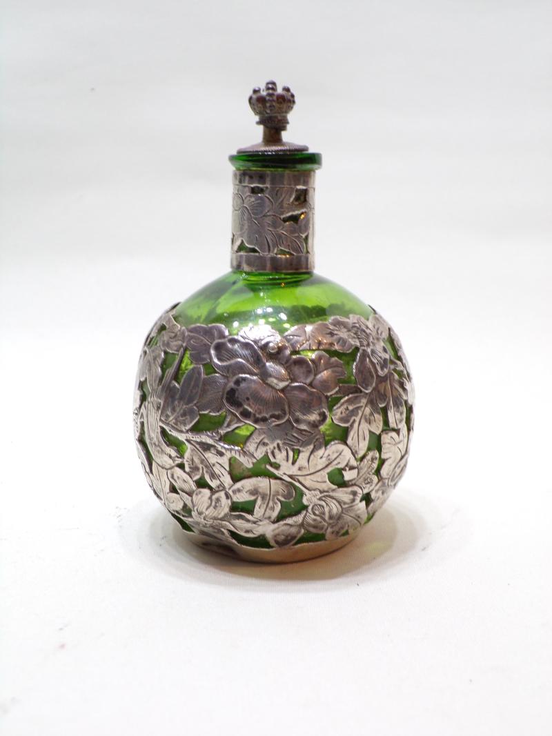 Art Nouveau Silver Overlay Perfume Bottle.