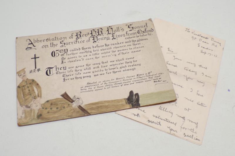 Unusual WW1 Era Hand Crafted Memorial Card & Separate Letter