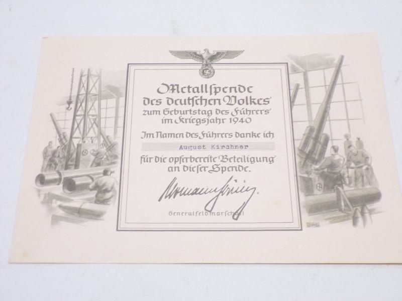 Scarce WW2 Dated 1940 German Donation Certificate