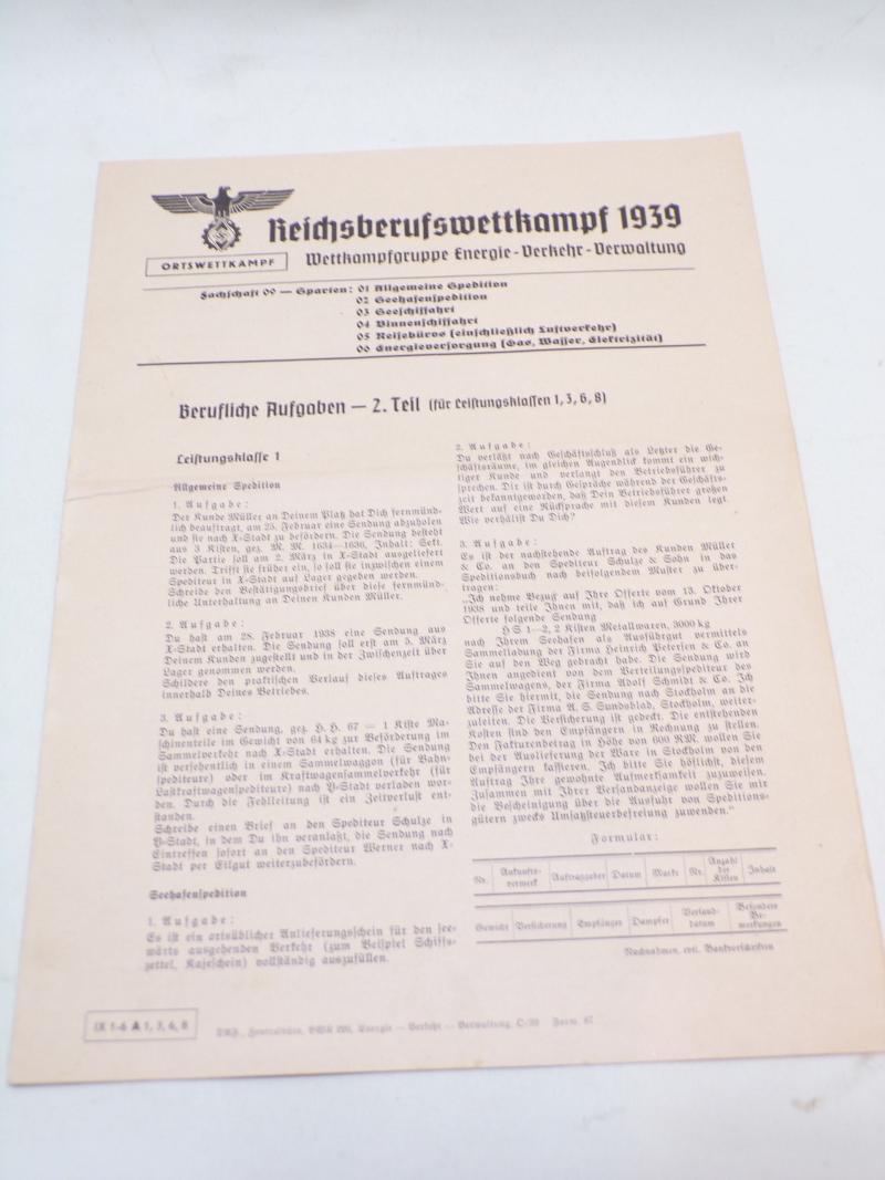 Scarce WW2 Era German Reichsberufswettkampf Exam Paper