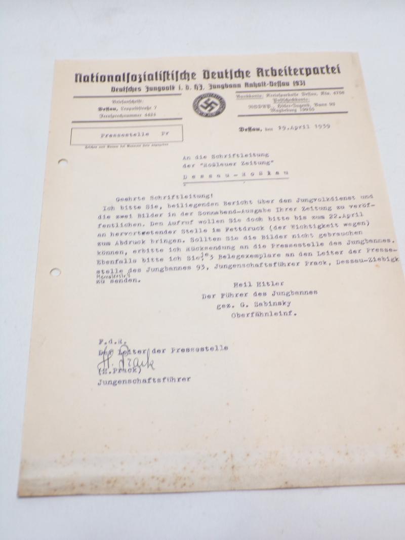 Scarce WW2 Era 1939 Dated NSDAP Letter to a Newspaper
