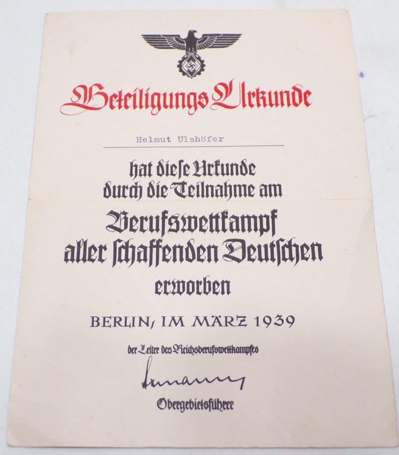 Scarce WW2 German Certificate of Participation Certificate