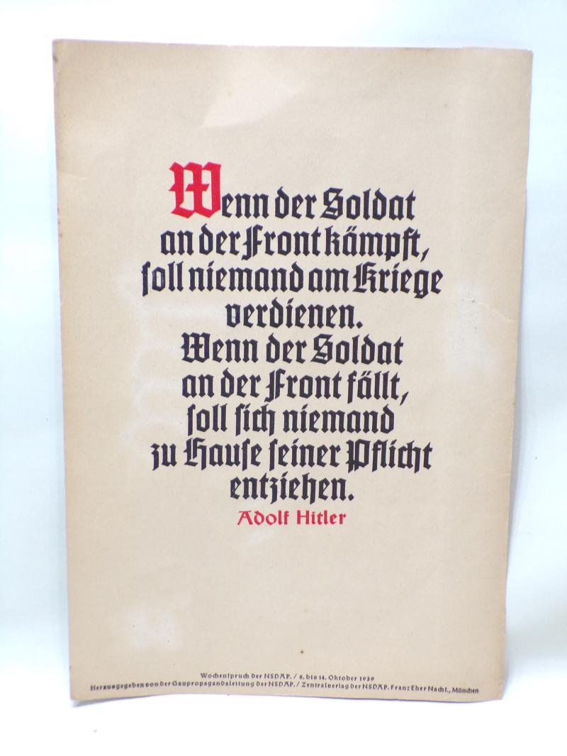 Dated 1939 German NSDAP Weekly Saying Poster – Hitler Quote