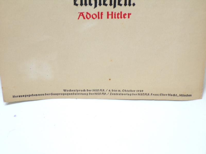 Dated 1939 German NSDAP Weekly Saying Poster – Hitler Quote