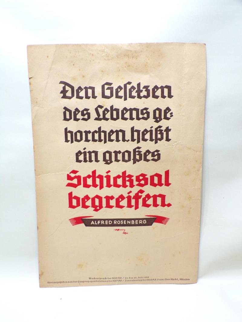 Dated 1939 German NSDAP Weekly Saying Poster – Rosenberg Quote