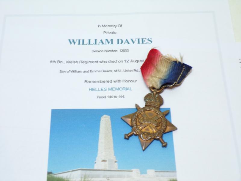 1914/15 Star to Davies Welsh Regiment KIA Gallipoli.
