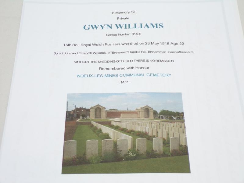 Large WW1 Memorial Frame Named to Williams RWF