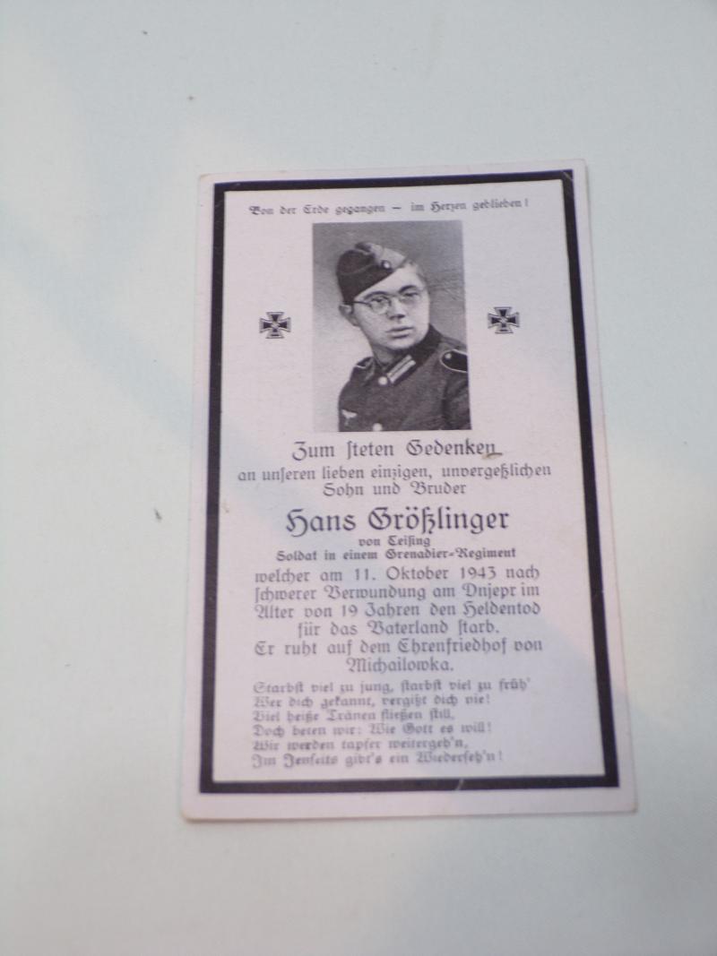 WW2 German Death Card - Hans Grosslinger - Died in Russia