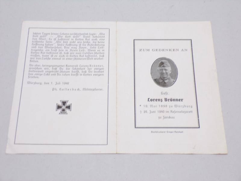 WW2 German Memorium Death Card – Lorenz Bronner