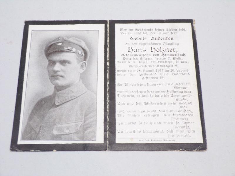 WW1 German Death Card – Hans Holzner Iron Cross Winner
