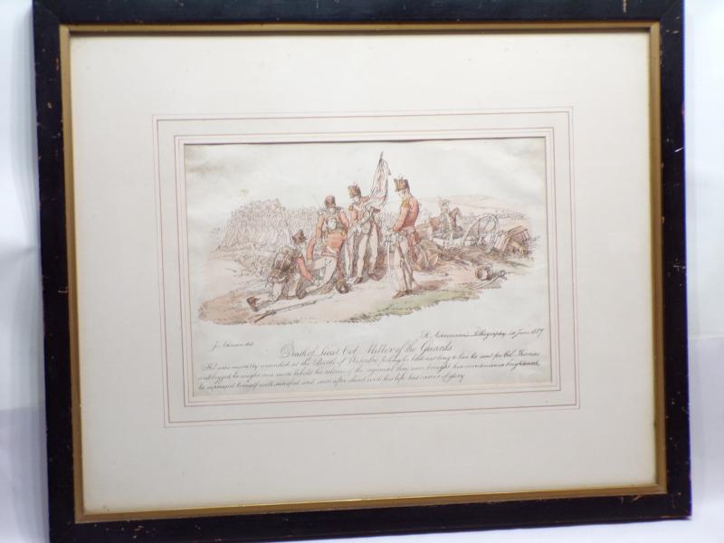 19thC Coloured Engraving – Death Lieut Col Miller at Waterloo